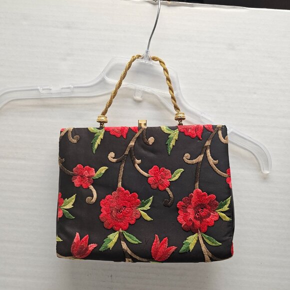 Black Red Floral Flower Embroidered Gold Cara Made in USA Clutch Hand Bag - Picture 4 of 16